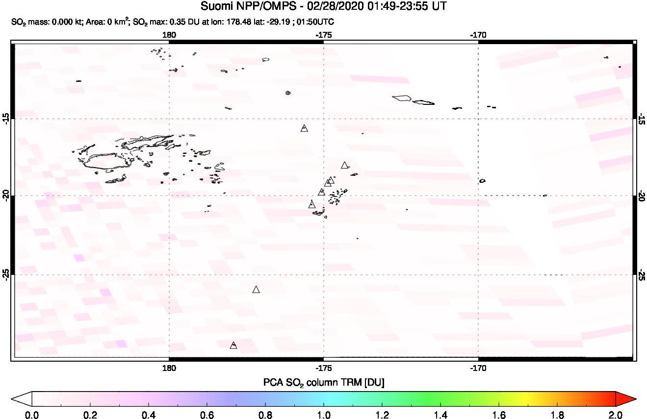 A sulfur dioxide image over Tonga, South Pacific on Feb 28, 2020.