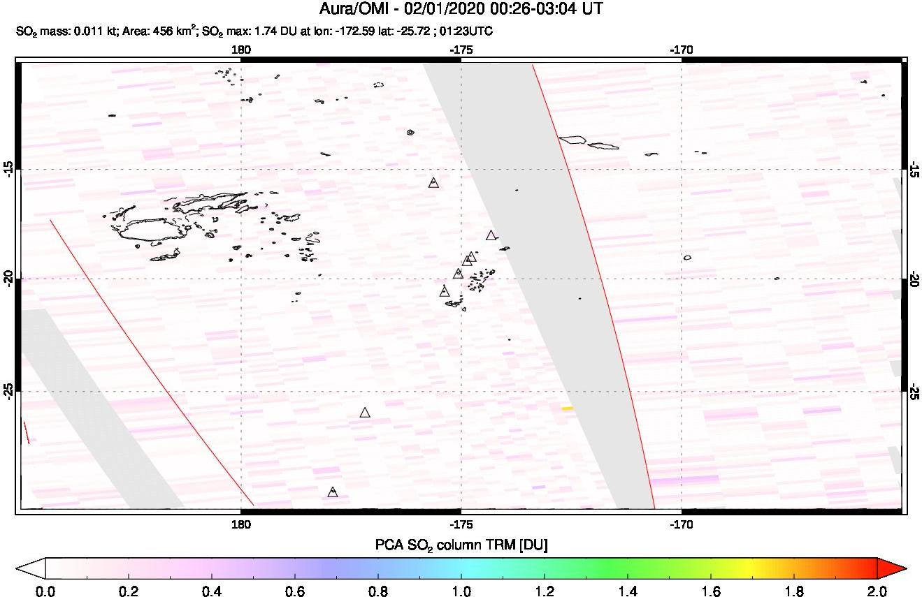 A sulfur dioxide image over Tonga, South Pacific on Feb 01, 2020.