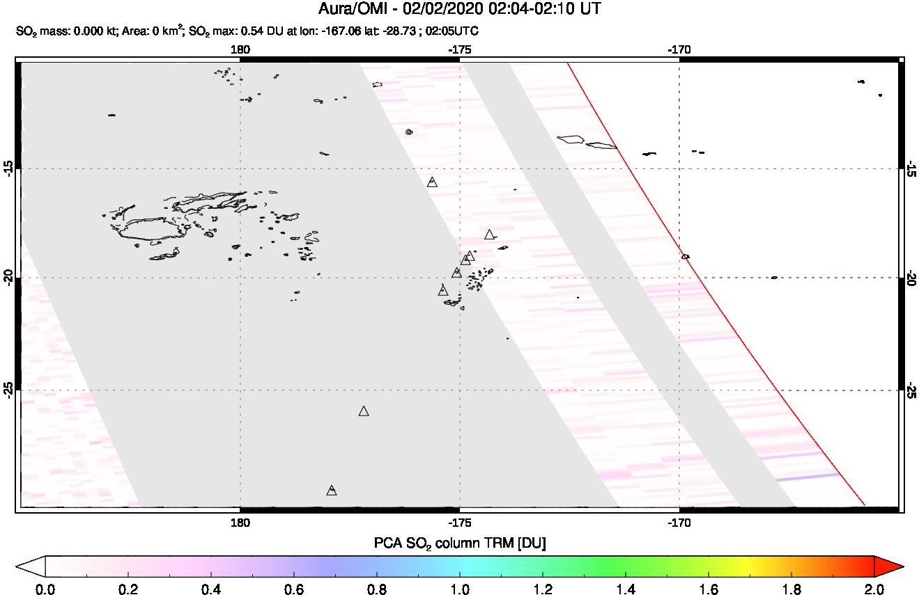 A sulfur dioxide image over Tonga, South Pacific on Feb 02, 2020.