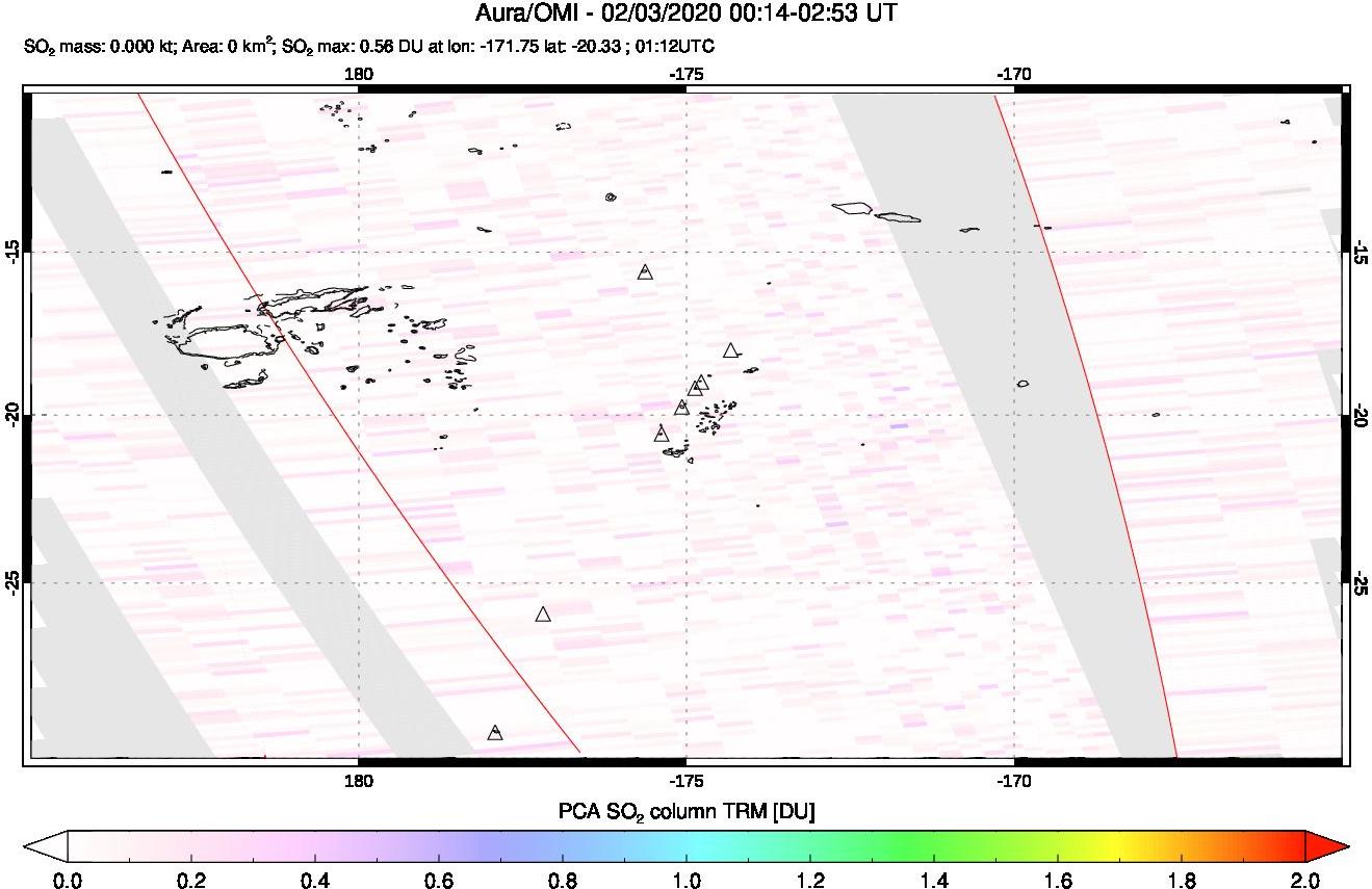 A sulfur dioxide image over Tonga, South Pacific on Feb 03, 2020.