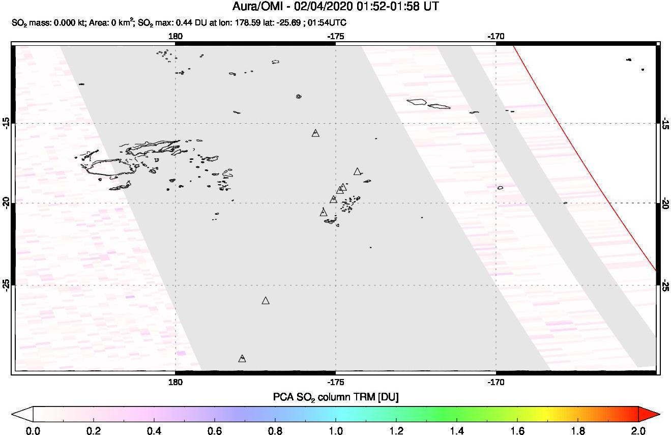 A sulfur dioxide image over Tonga, South Pacific on Feb 04, 2020.