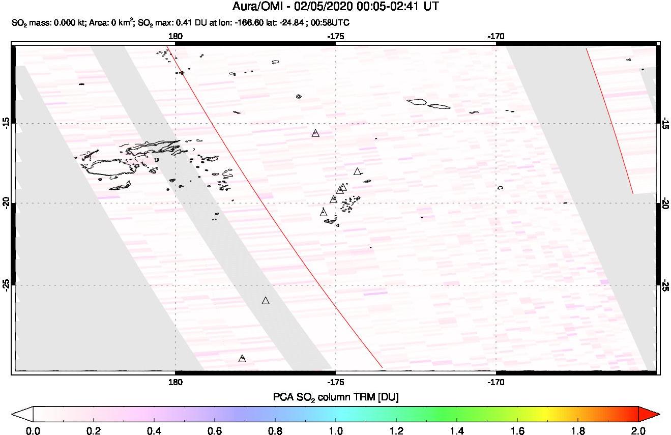 A sulfur dioxide image over Tonga, South Pacific on Feb 05, 2020.