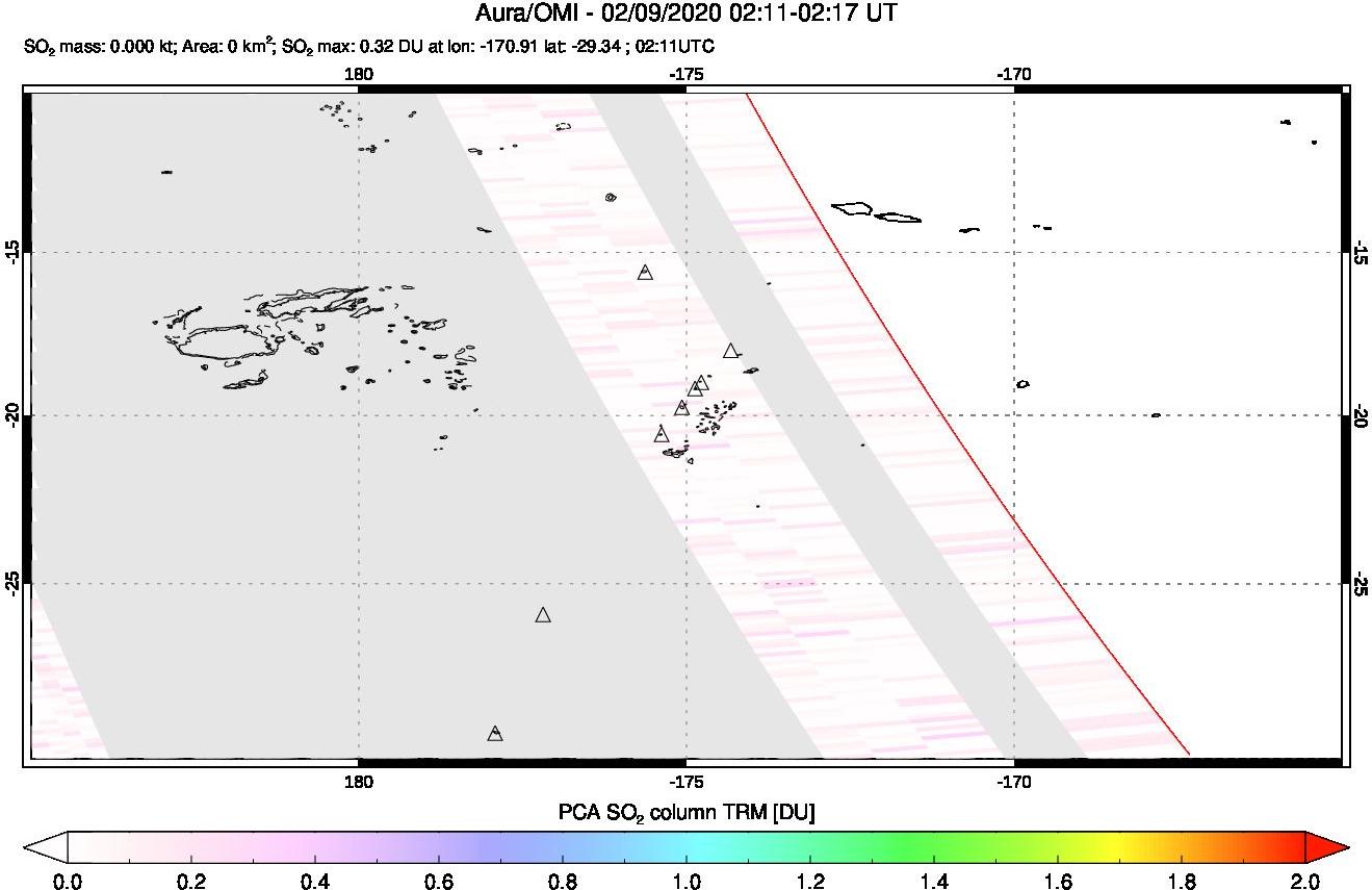 A sulfur dioxide image over Tonga, South Pacific on Feb 09, 2020.