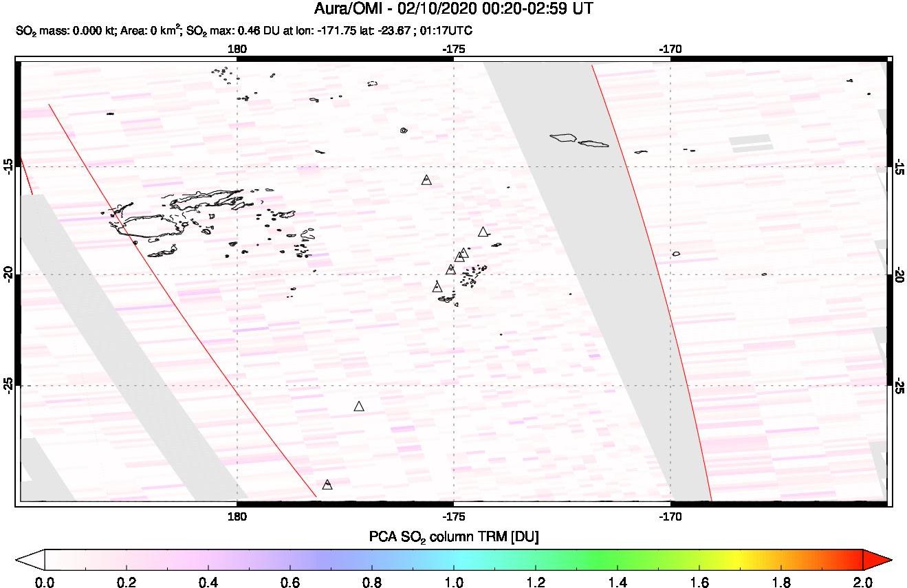 A sulfur dioxide image over Tonga, South Pacific on Feb 10, 2020.