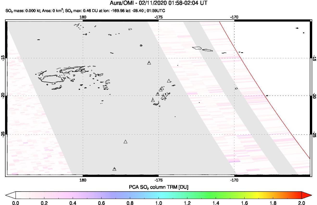 A sulfur dioxide image over Tonga, South Pacific on Feb 11, 2020.