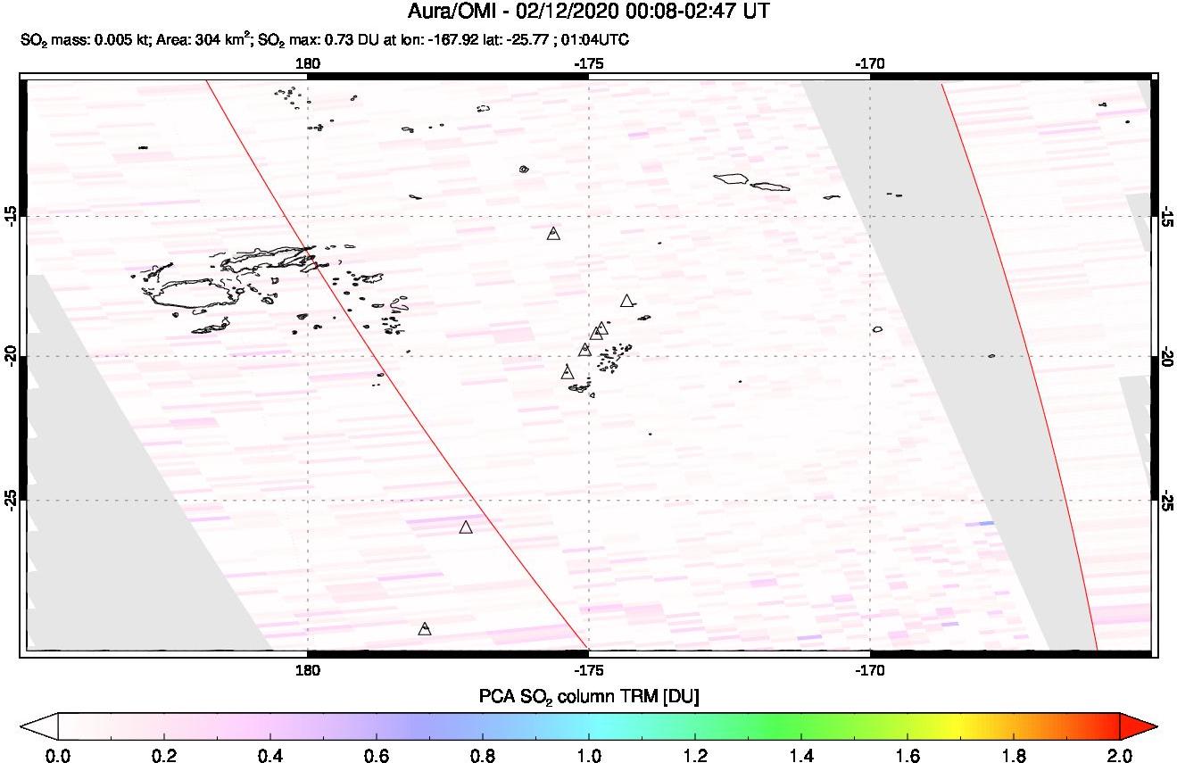 A sulfur dioxide image over Tonga, South Pacific on Feb 12, 2020.