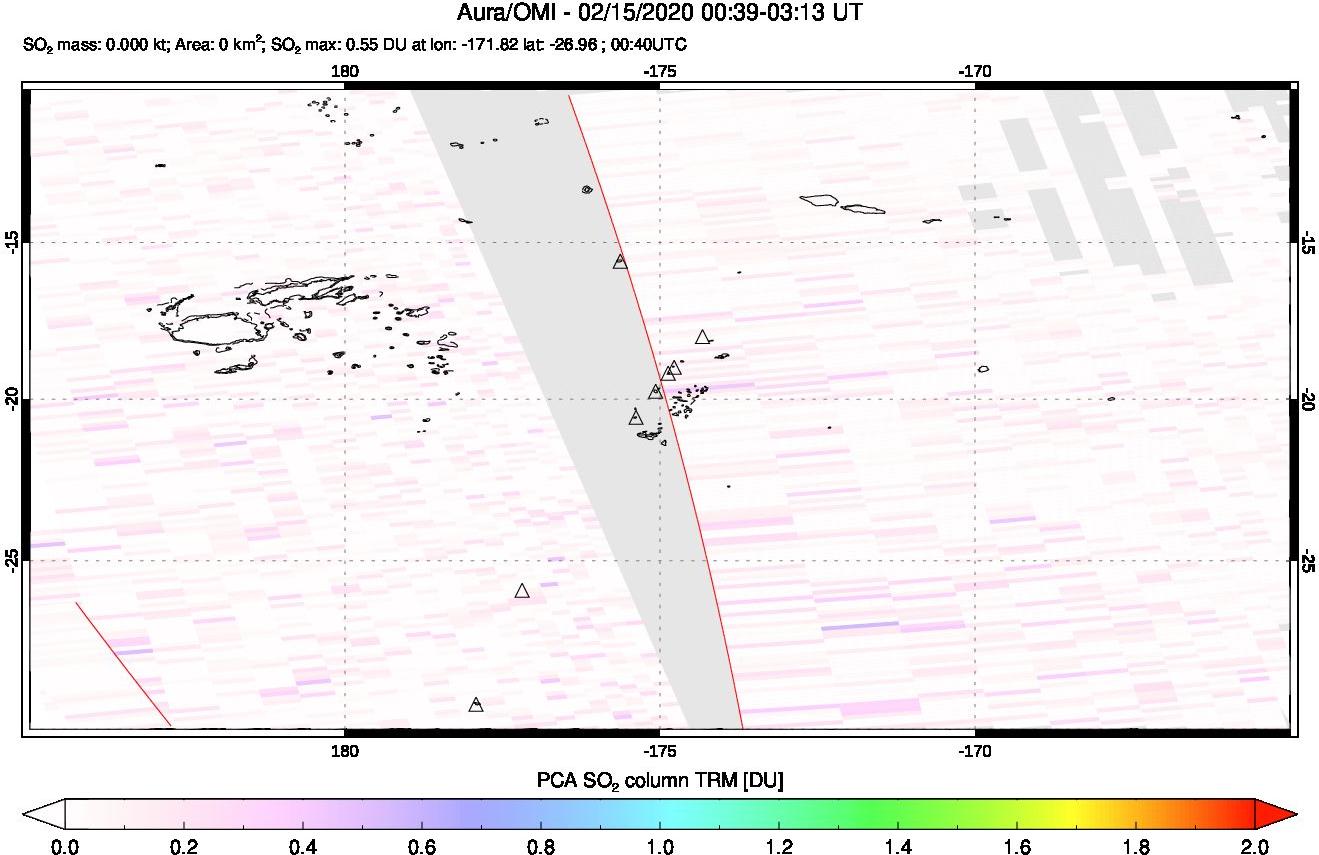 A sulfur dioxide image over Tonga, South Pacific on Feb 15, 2020.