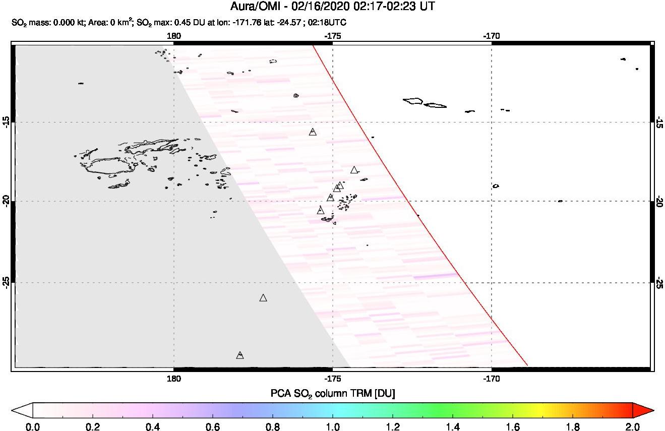 A sulfur dioxide image over Tonga, South Pacific on Feb 16, 2020.