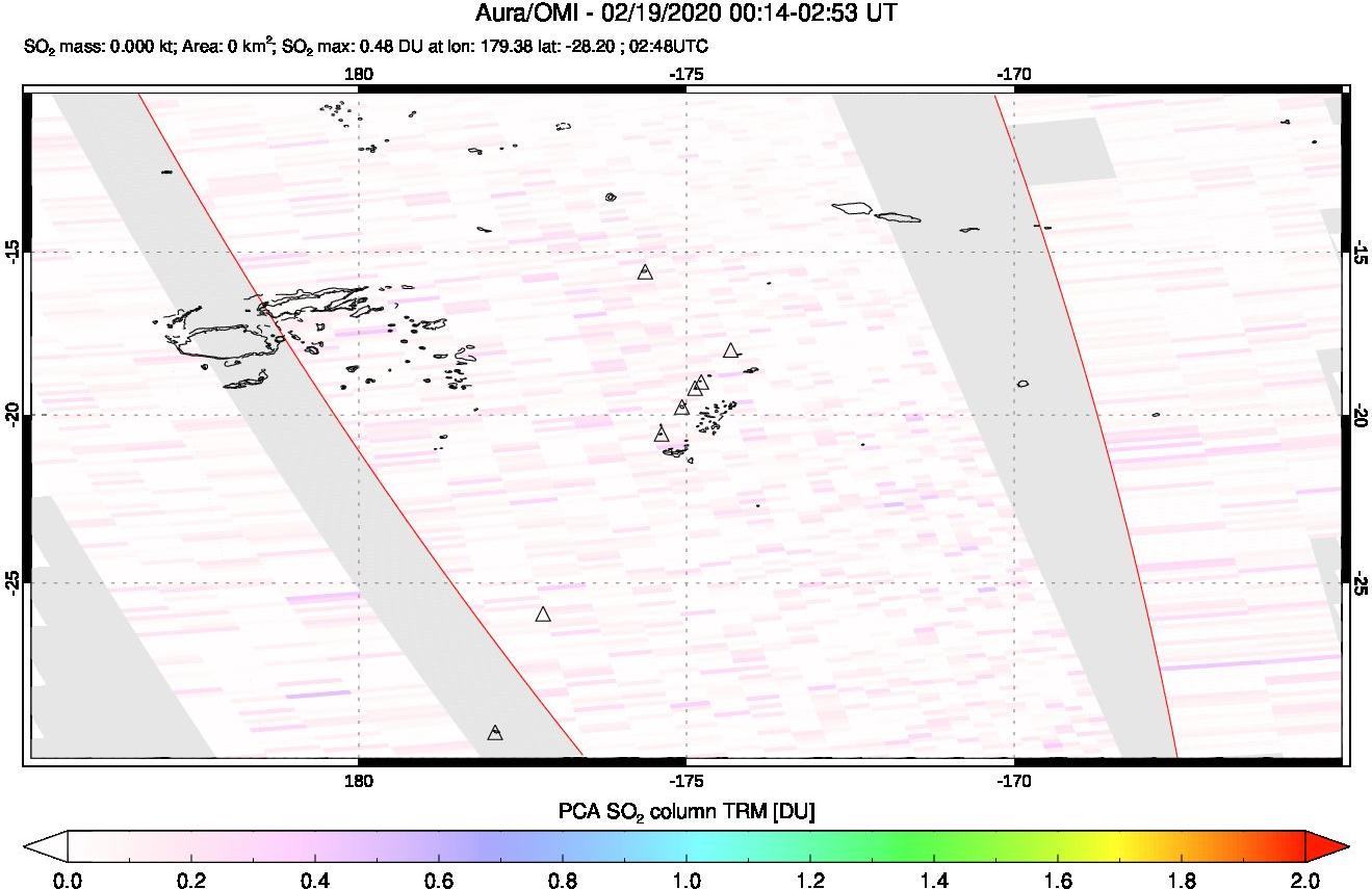 A sulfur dioxide image over Tonga, South Pacific on Feb 19, 2020.