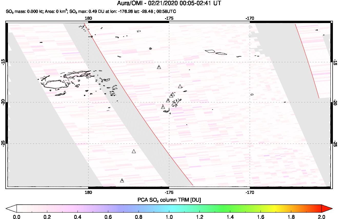 A sulfur dioxide image over Tonga, South Pacific on Feb 21, 2020.
