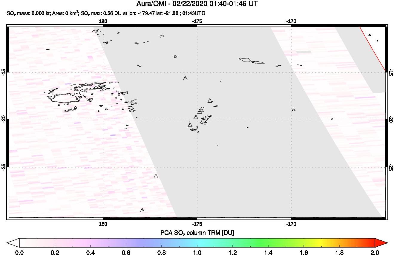 A sulfur dioxide image over Tonga, South Pacific on Feb 22, 2020.