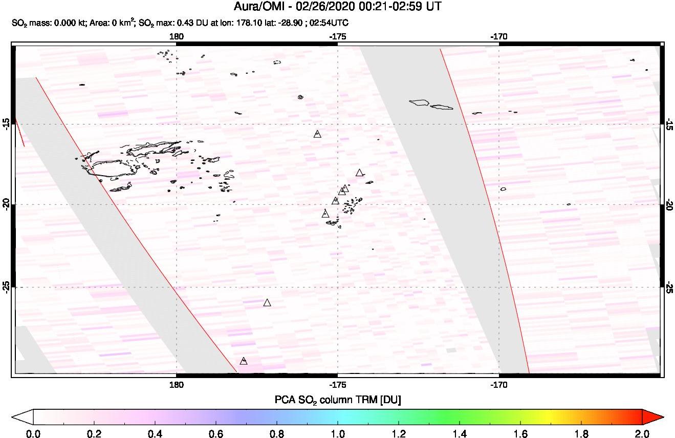 A sulfur dioxide image over Tonga, South Pacific on Feb 26, 2020.