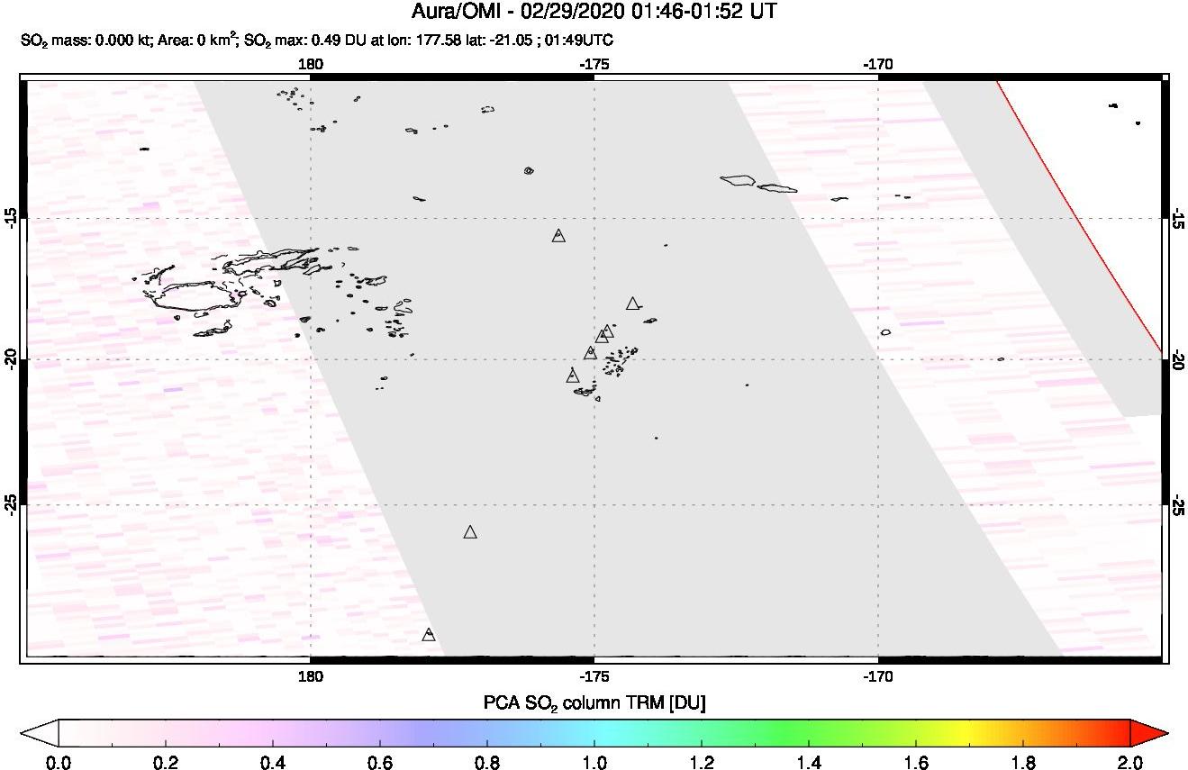 A sulfur dioxide image over Tonga, South Pacific on Feb 29, 2020.