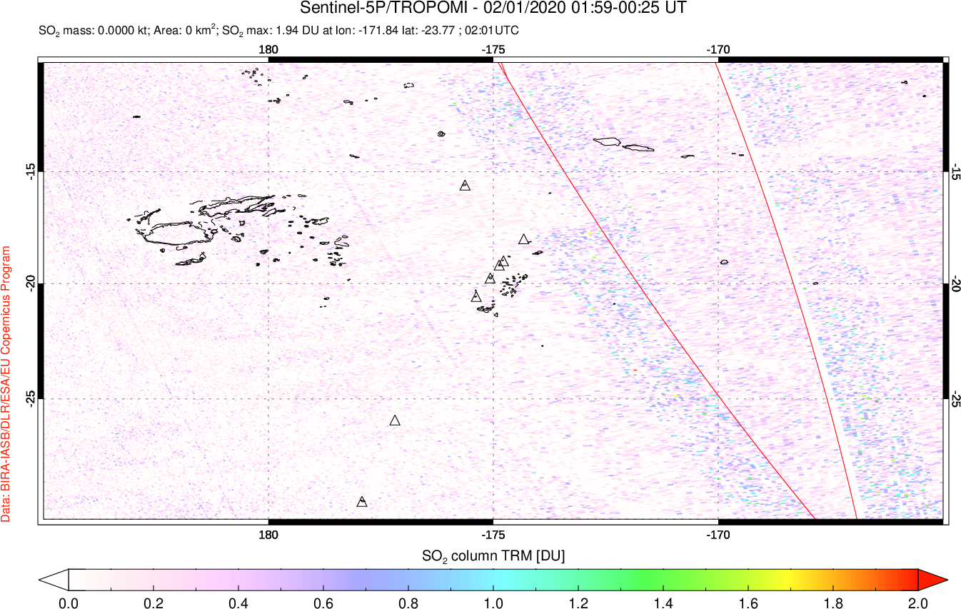 A sulfur dioxide image over Tonga, South Pacific on Feb 01, 2020.