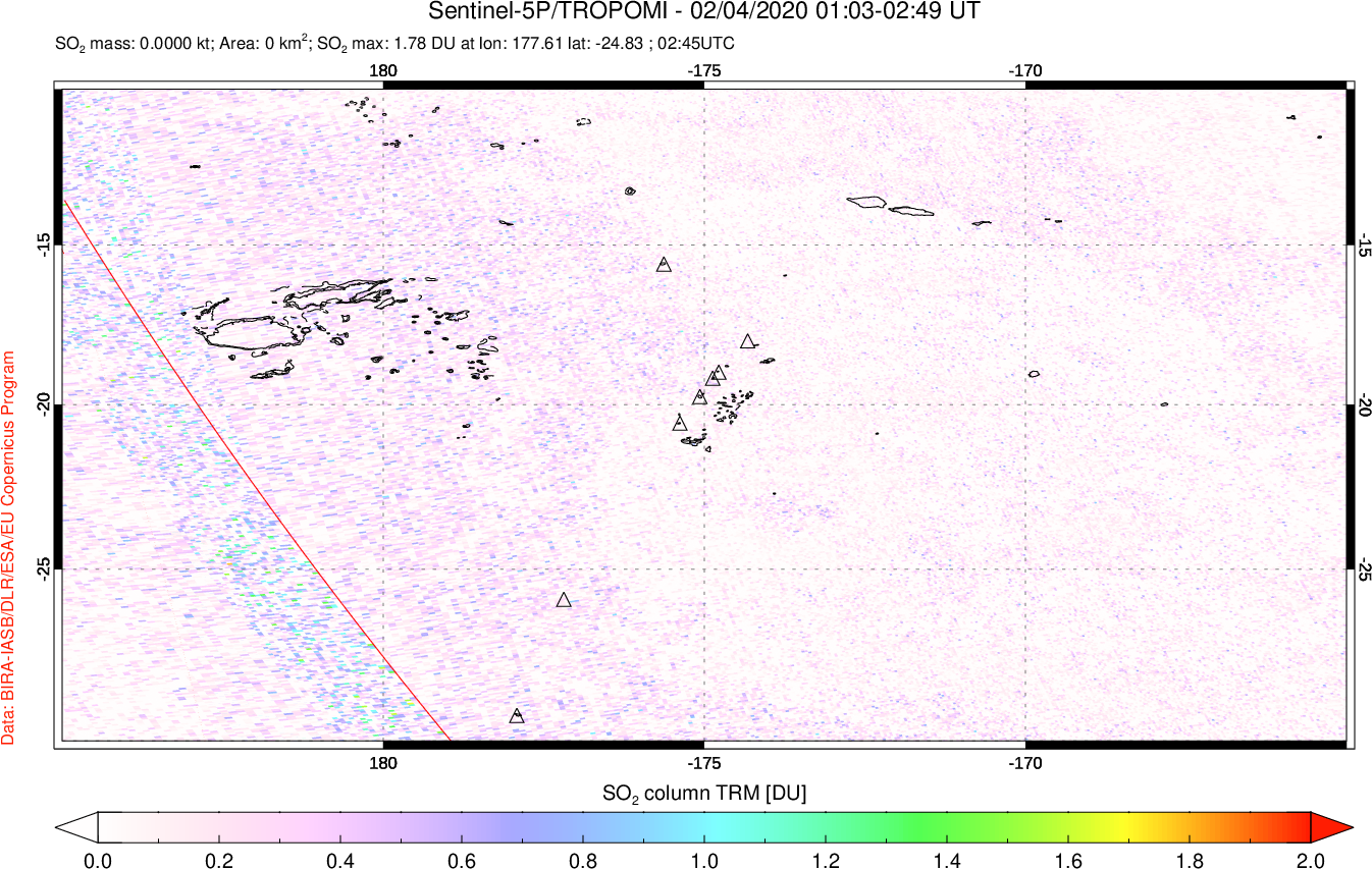 A sulfur dioxide image over Tonga, South Pacific on Feb 04, 2020.