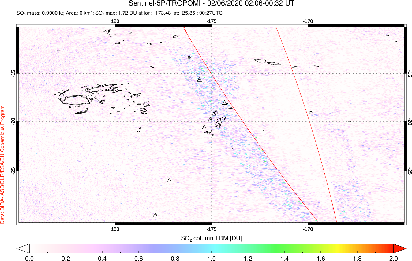 A sulfur dioxide image over Tonga, South Pacific on Feb 06, 2020.