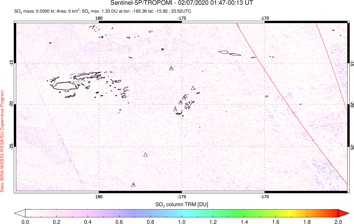 A sulfur dioxide image over Tonga, South Pacific on Feb 07, 2020.