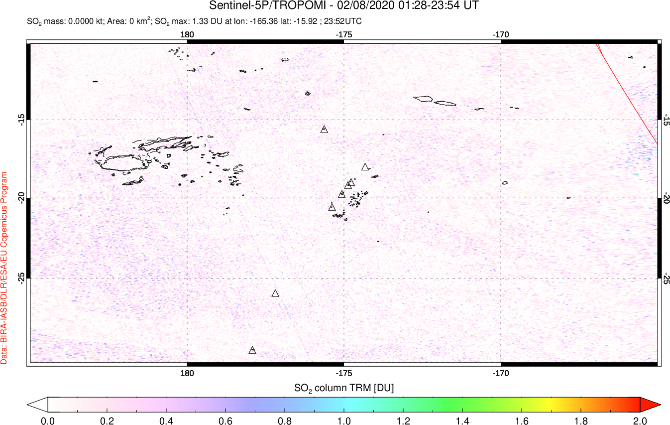 A sulfur dioxide image over Tonga, South Pacific on Feb 08, 2020.