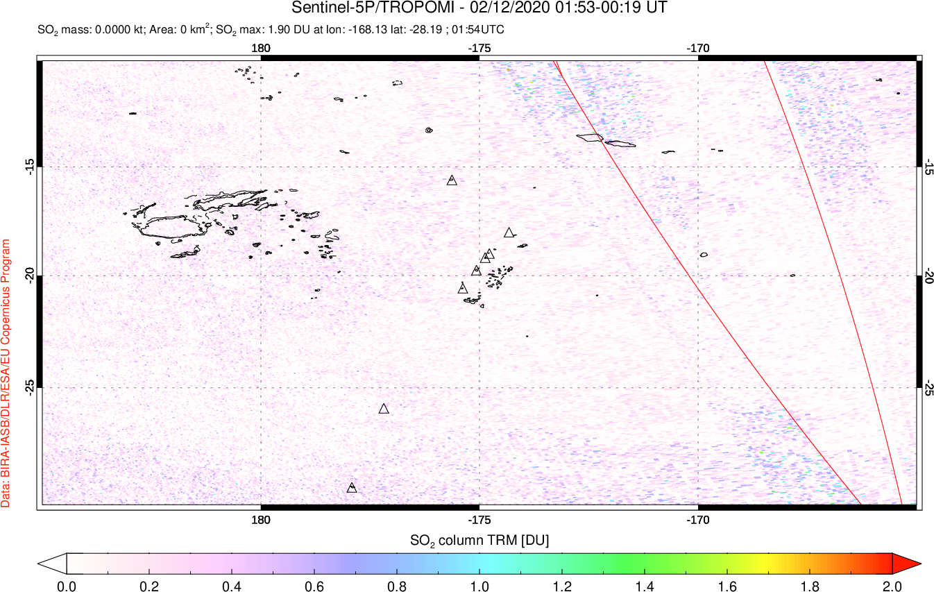 A sulfur dioxide image over Tonga, South Pacific on Feb 12, 2020.