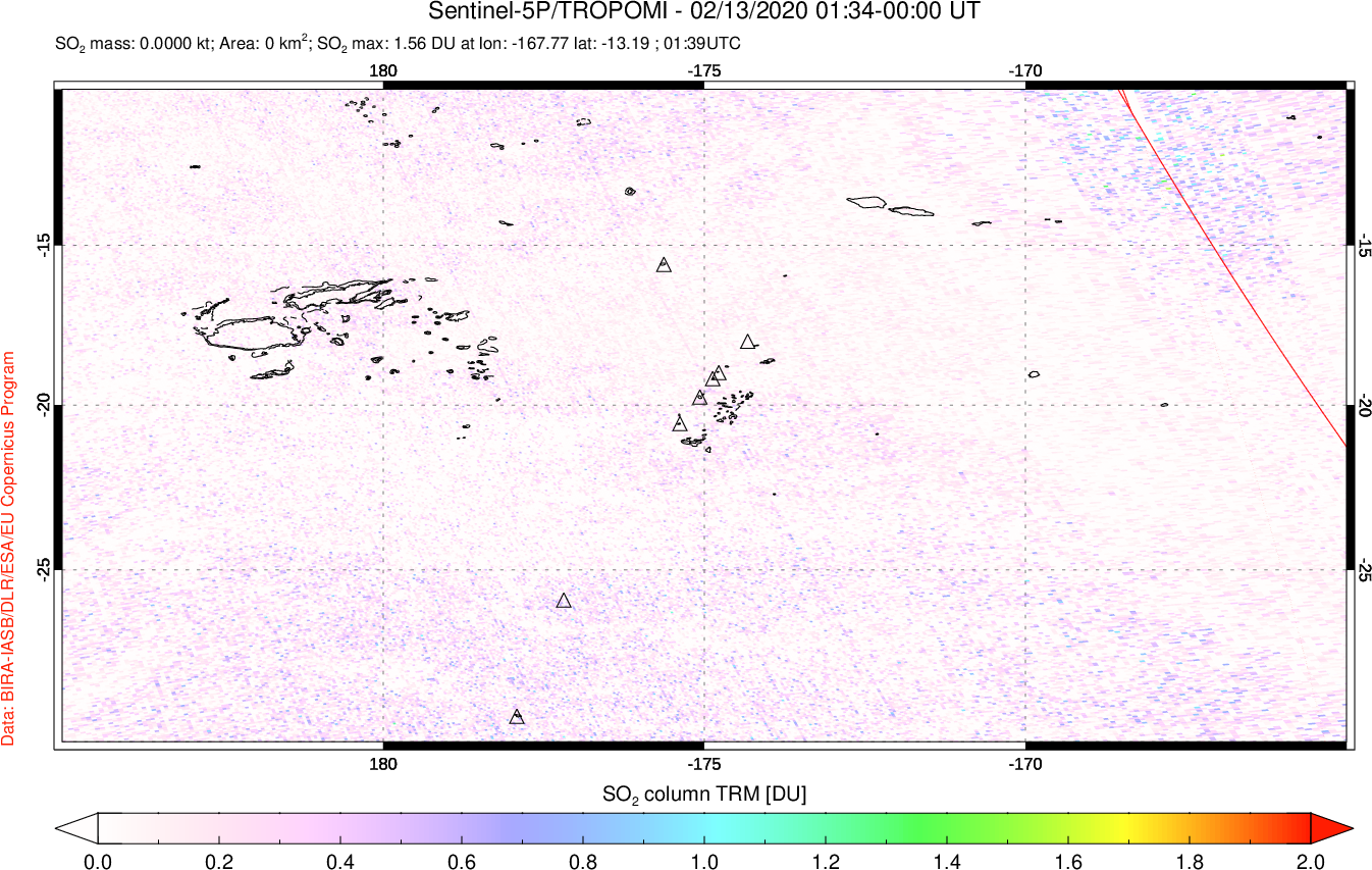A sulfur dioxide image over Tonga, South Pacific on Feb 13, 2020.
