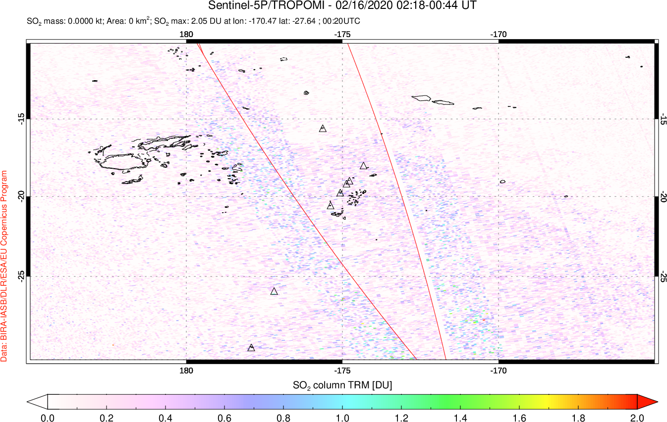 A sulfur dioxide image over Tonga, South Pacific on Feb 16, 2020.