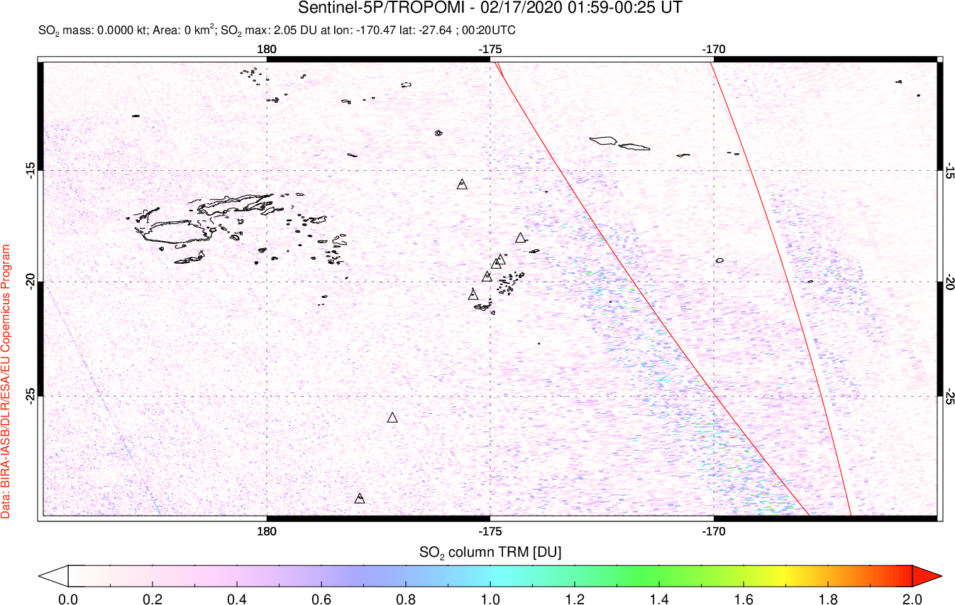 A sulfur dioxide image over Tonga, South Pacific on Feb 17, 2020.