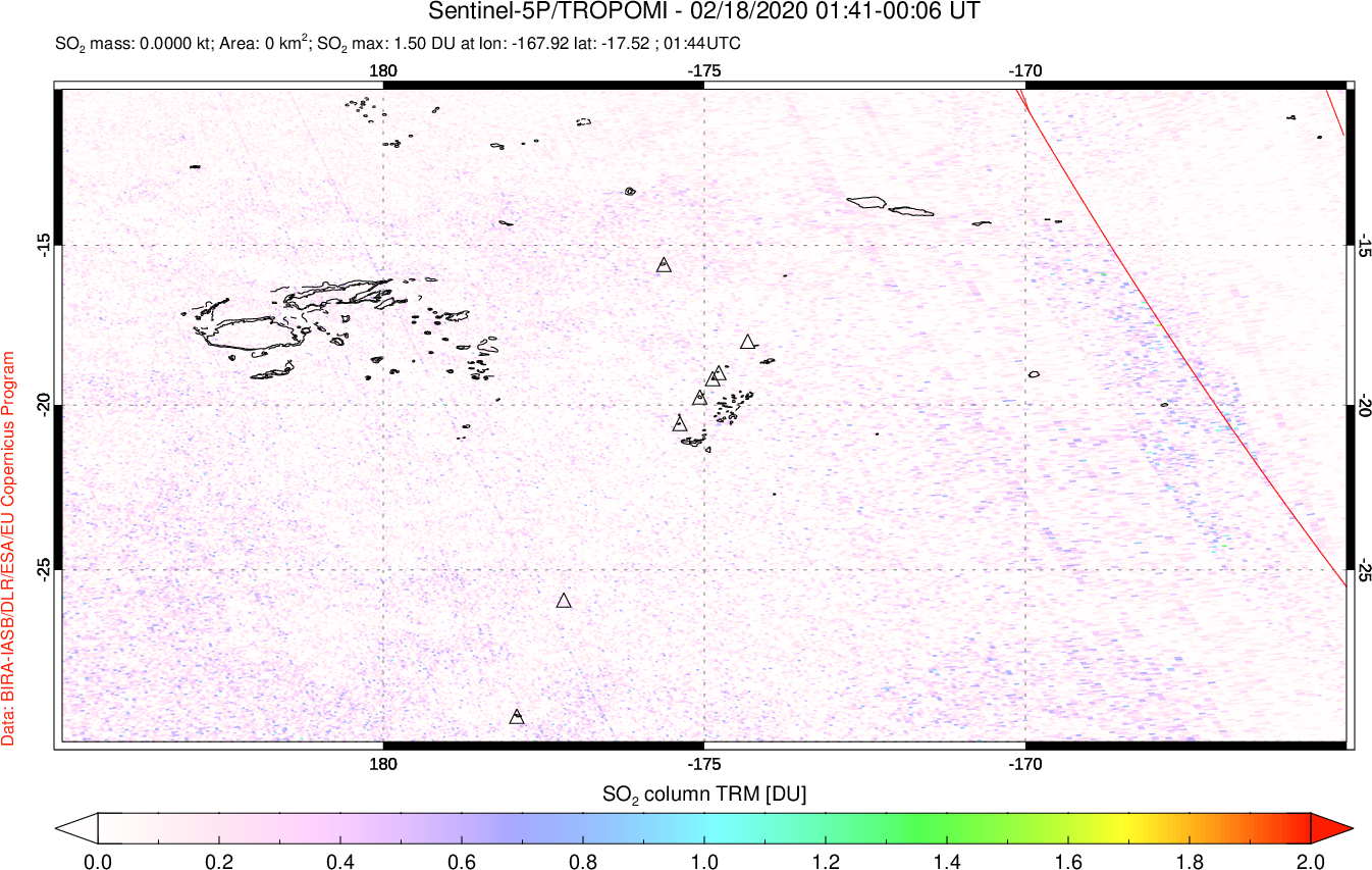 A sulfur dioxide image over Tonga, South Pacific on Feb 18, 2020.