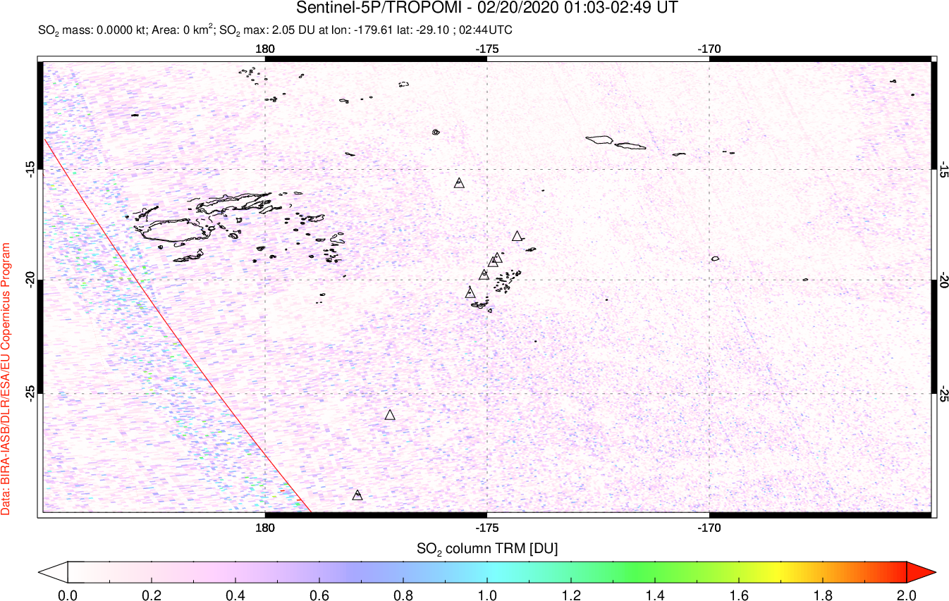 A sulfur dioxide image over Tonga, South Pacific on Feb 20, 2020.