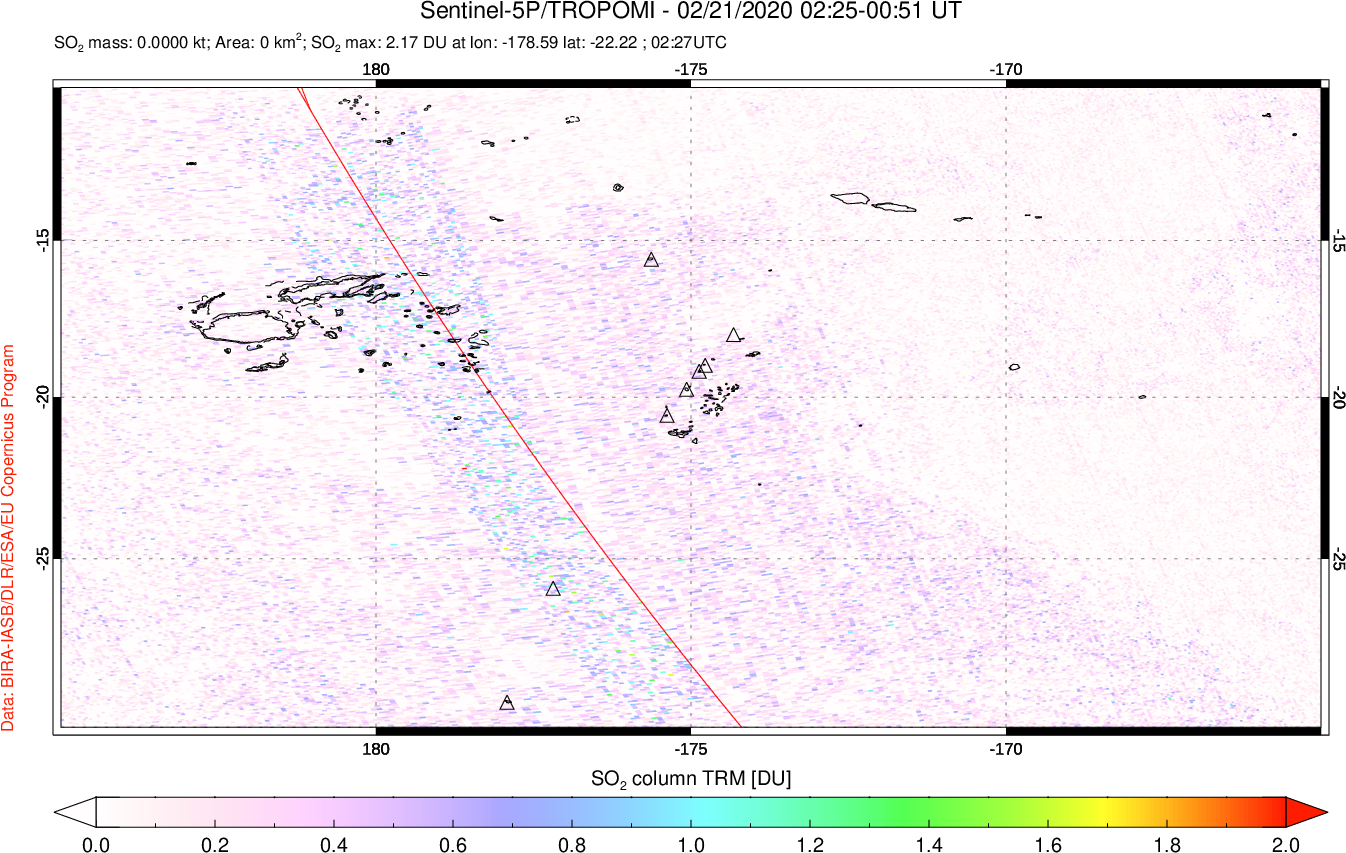 A sulfur dioxide image over Tonga, South Pacific on Feb 21, 2020.