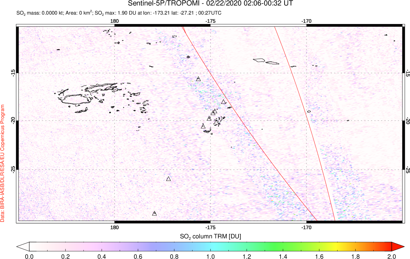 A sulfur dioxide image over Tonga, South Pacific on Feb 22, 2020.