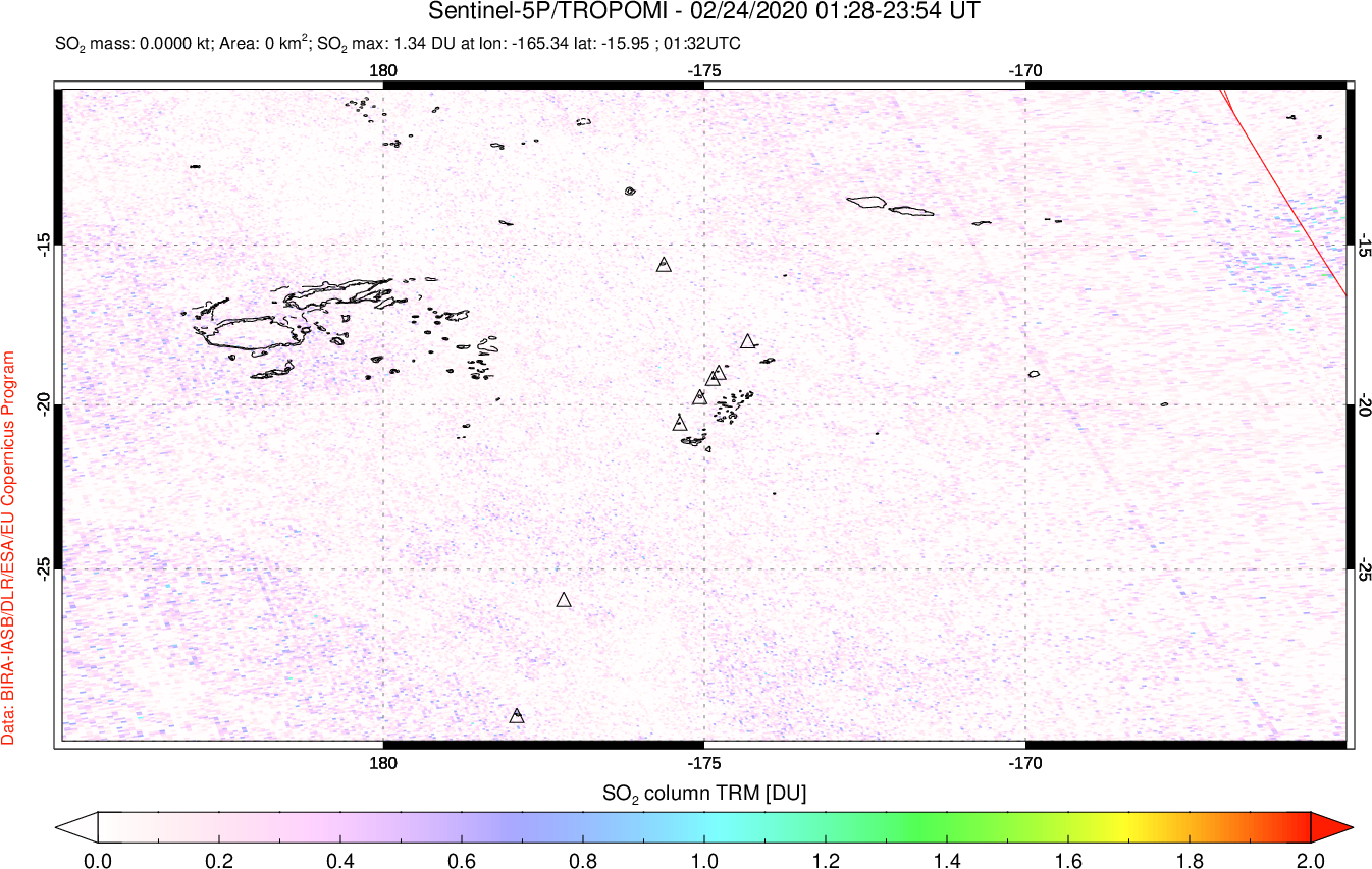 A sulfur dioxide image over Tonga, South Pacific on Feb 24, 2020.