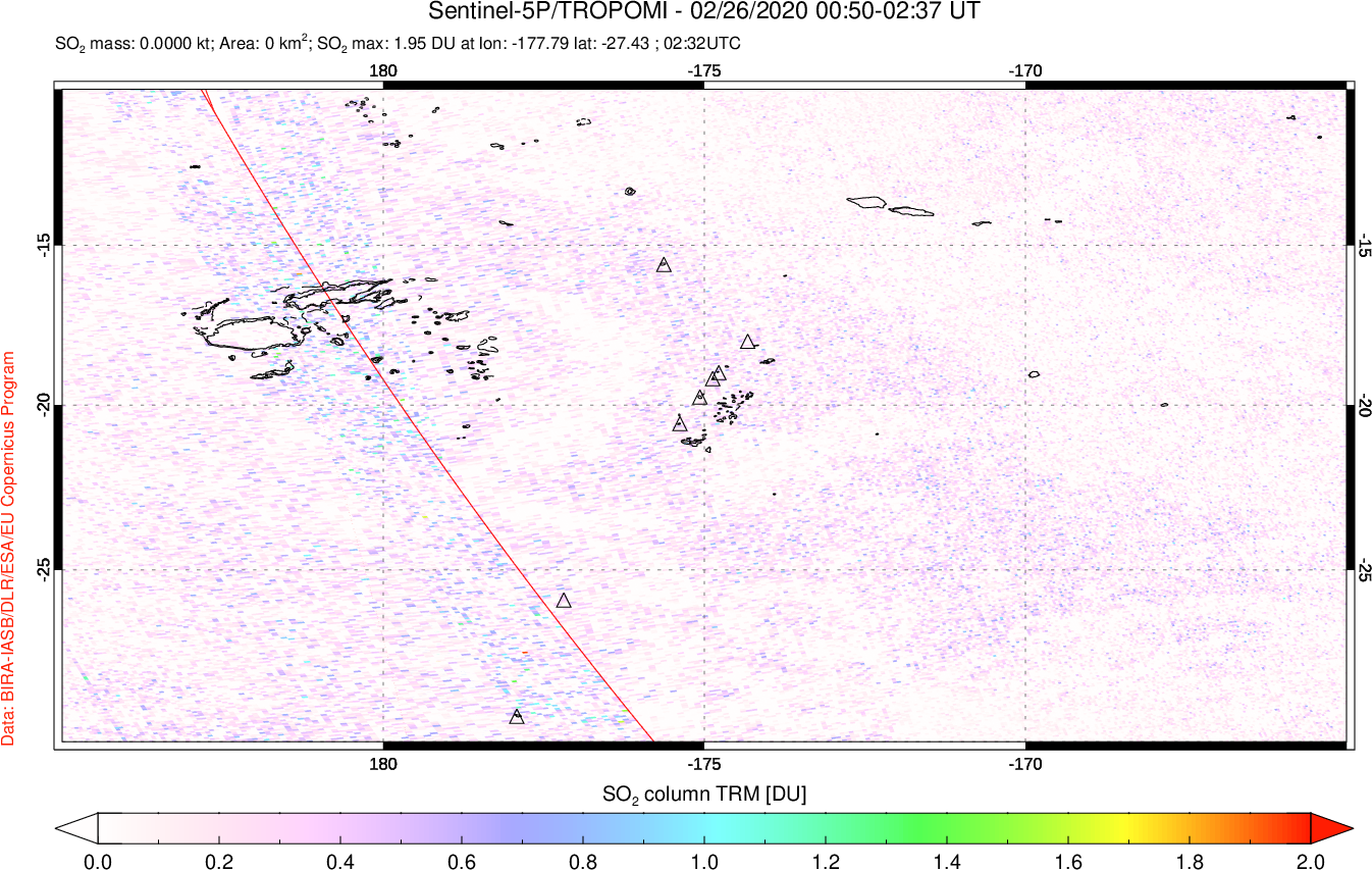 A sulfur dioxide image over Tonga, South Pacific on Feb 26, 2020.