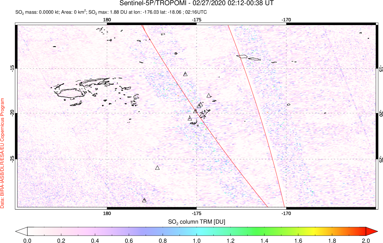 A sulfur dioxide image over Tonga, South Pacific on Feb 27, 2020.