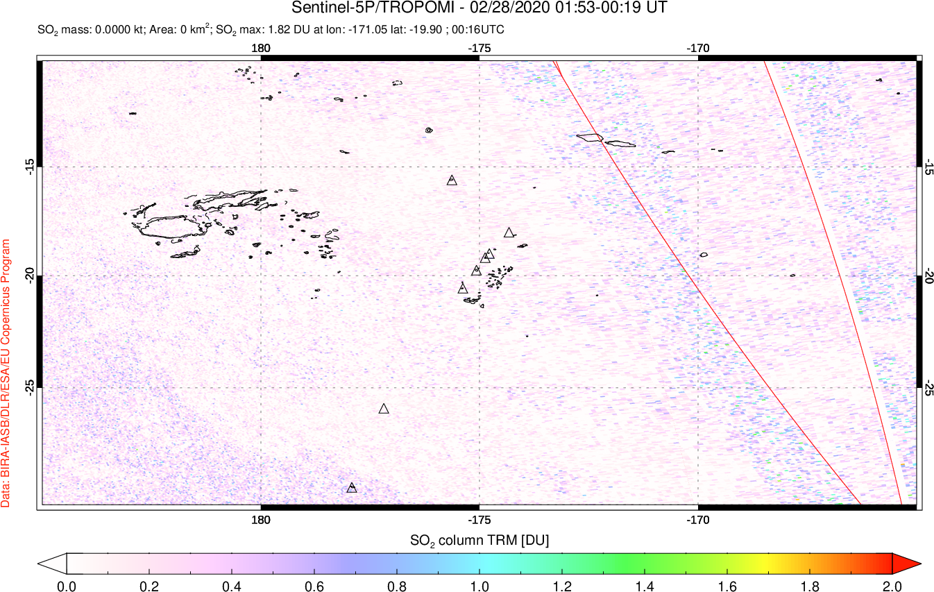 A sulfur dioxide image over Tonga, South Pacific on Feb 28, 2020.