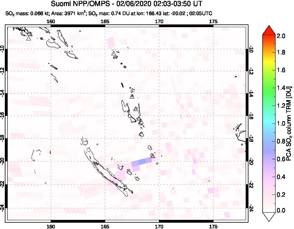 A sulfur dioxide image over Vanuatu, South Pacific on Feb 06, 2020.