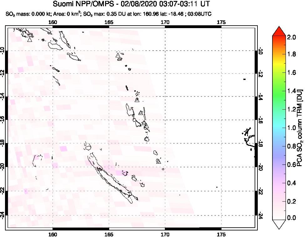 A sulfur dioxide image over Vanuatu, South Pacific on Feb 08, 2020.