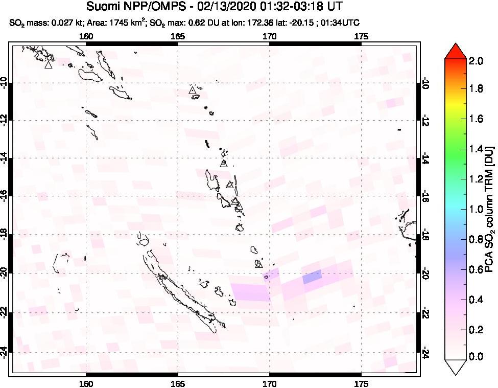 A sulfur dioxide image over Vanuatu, South Pacific on Feb 13, 2020.