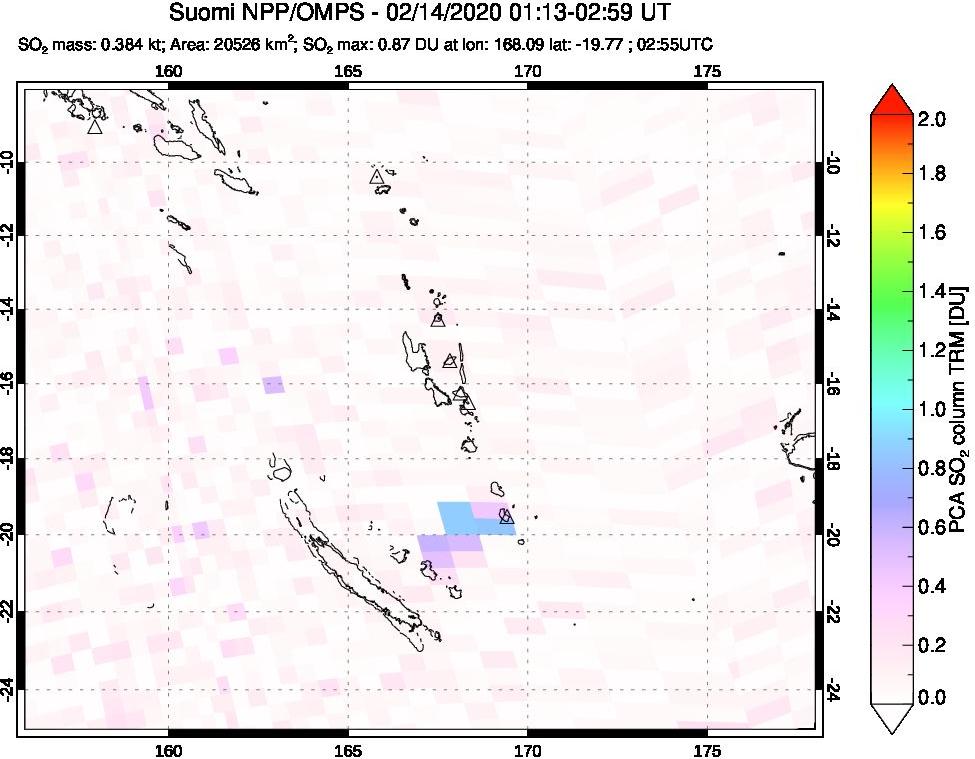 A sulfur dioxide image over Vanuatu, South Pacific on Feb 14, 2020.