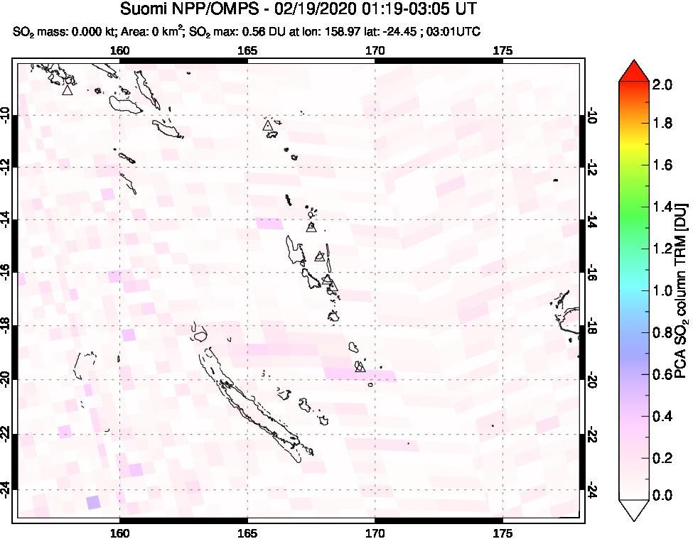 A sulfur dioxide image over Vanuatu, South Pacific on Feb 19, 2020.