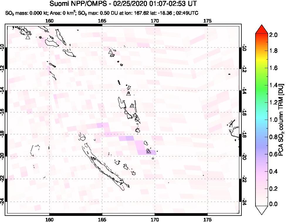 A sulfur dioxide image over Vanuatu, South Pacific on Feb 25, 2020.