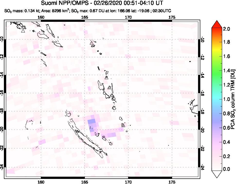 A sulfur dioxide image over Vanuatu, South Pacific on Feb 26, 2020.