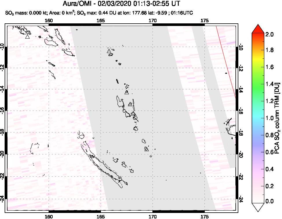 A sulfur dioxide image over Vanuatu, South Pacific on Feb 03, 2020.