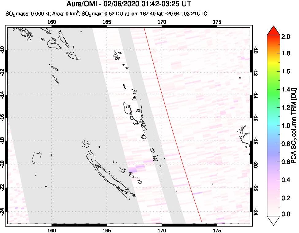 A sulfur dioxide image over Vanuatu, South Pacific on Feb 06, 2020.