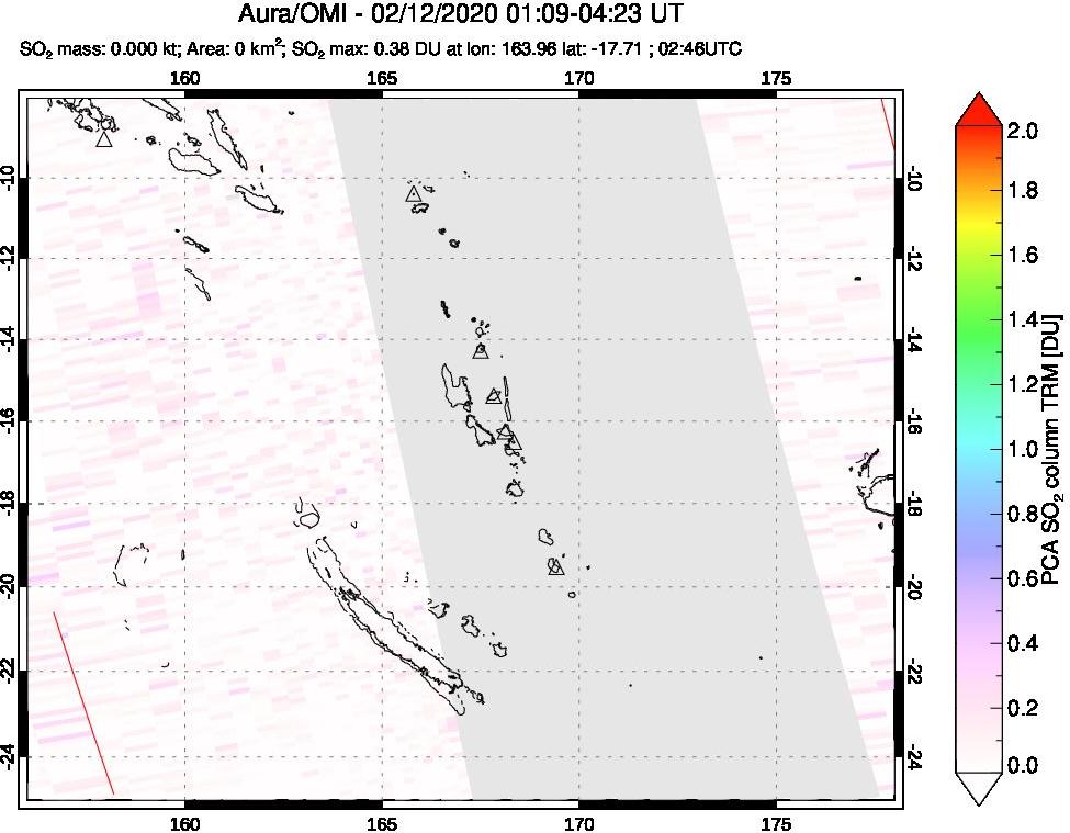 A sulfur dioxide image over Vanuatu, South Pacific on Feb 12, 2020.