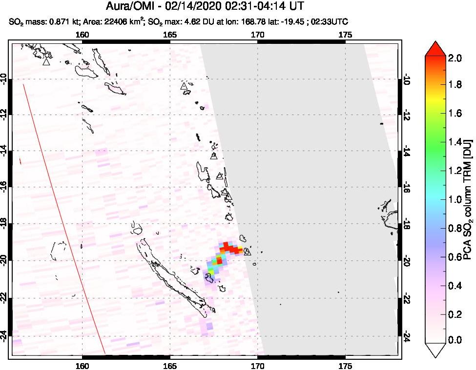 A sulfur dioxide image over Vanuatu, South Pacific on Feb 14, 2020.