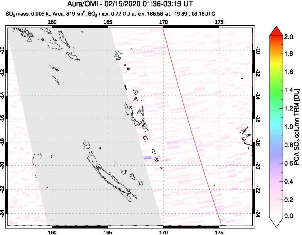 A sulfur dioxide image over Vanuatu, South Pacific on Feb 15, 2020.
