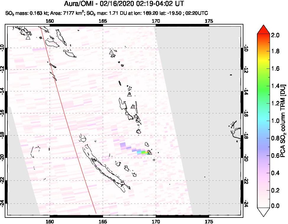 A sulfur dioxide image over Vanuatu, South Pacific on Feb 16, 2020.