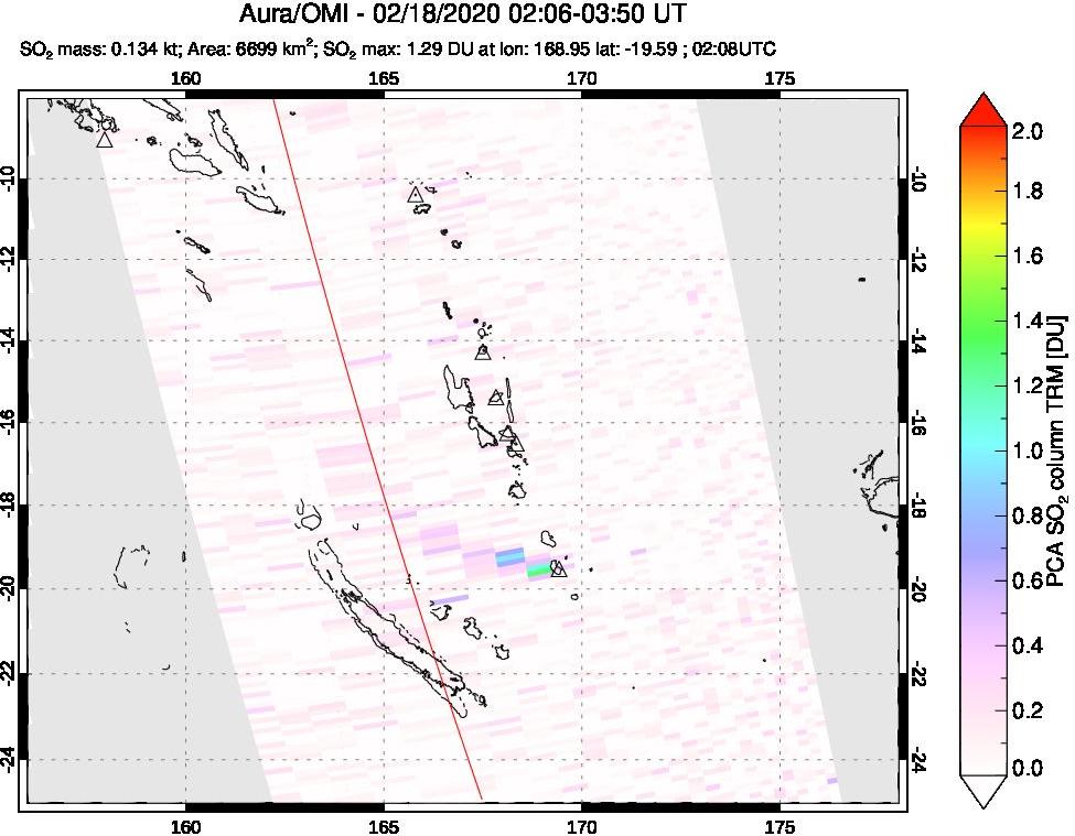 A sulfur dioxide image over Vanuatu, South Pacific on Feb 18, 2020.