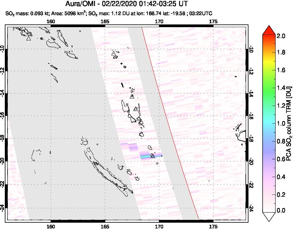 A sulfur dioxide image over Vanuatu, South Pacific on Feb 22, 2020.