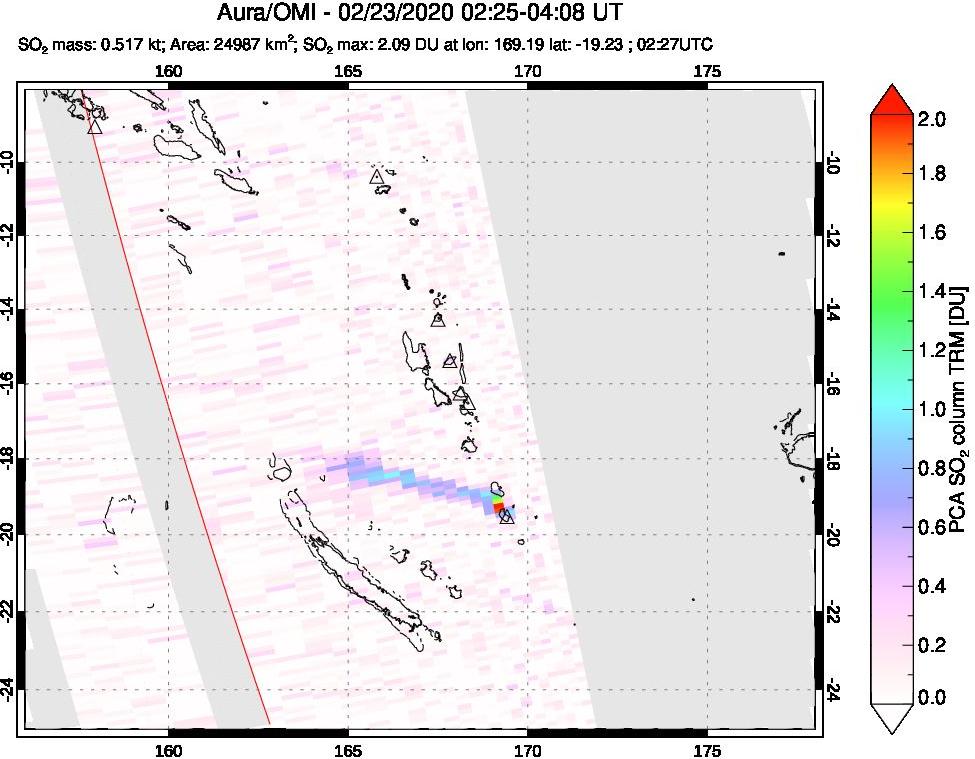 A sulfur dioxide image over Vanuatu, South Pacific on Feb 23, 2020.